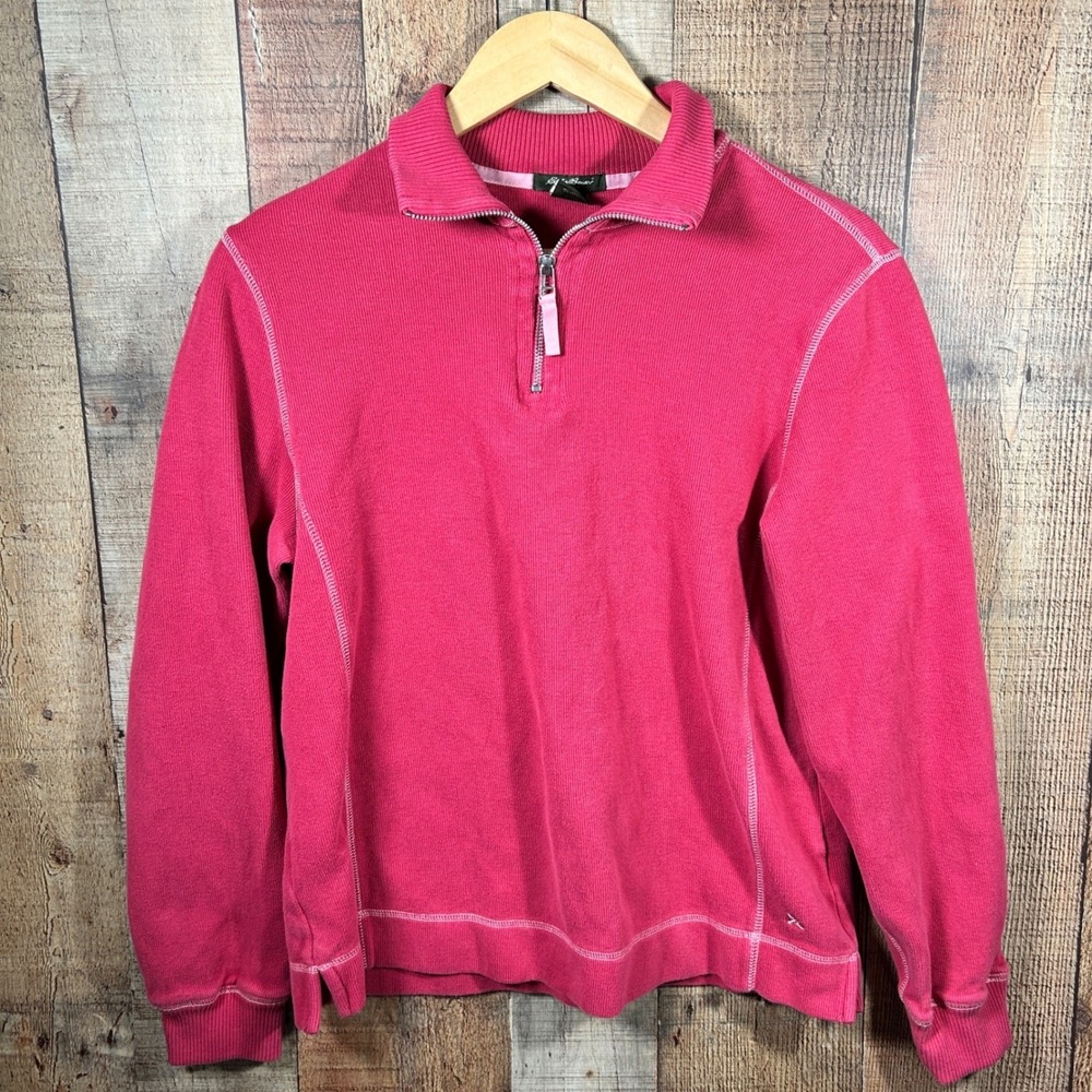 Eddie Bauer Pink 100% Cotton Quarter Zip Contrast Stitch Pullover Sweater Medium